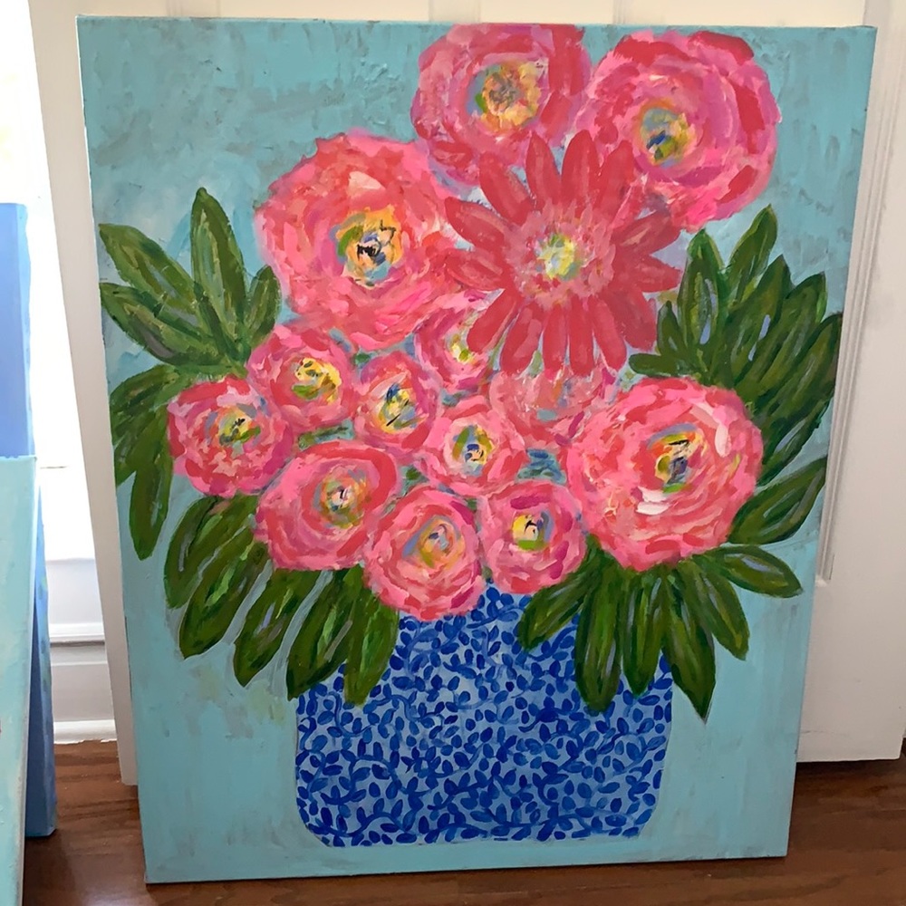 Local artist pink flower heavy textured painting